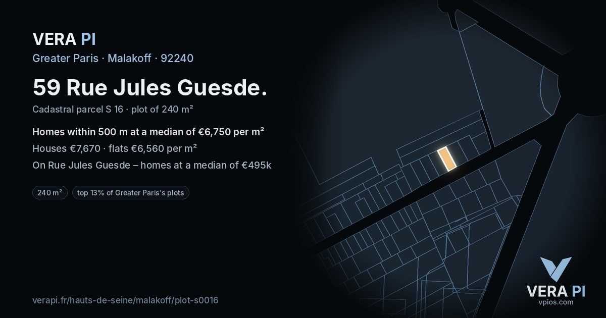 59 Rue Jules Guesde, Malakoff at night – the plot lit, the parcels around coloured by the prices near them