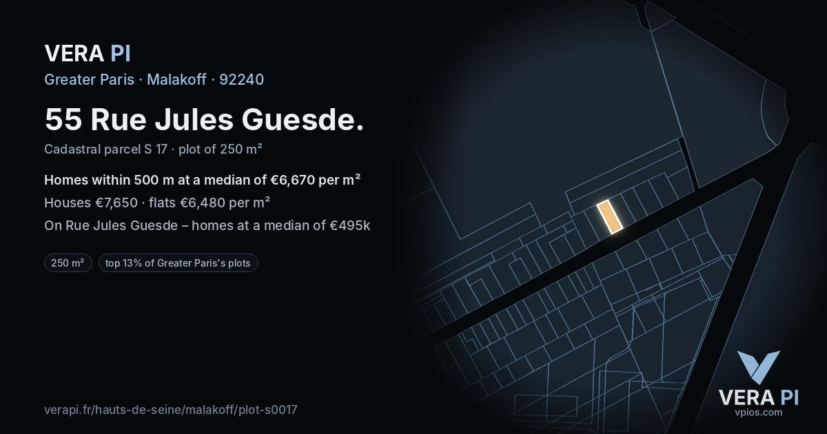 55 Rue Jules Guesde, Malakoff at night – the plot lit, the parcels around coloured by the prices near them
