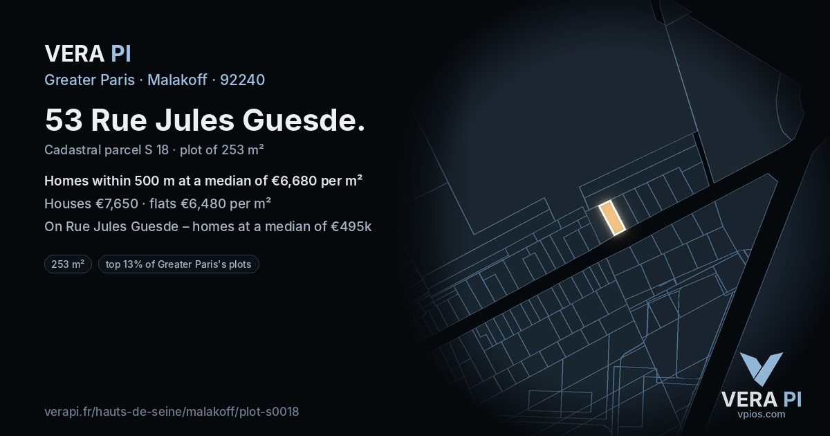 53 Rue Jules Guesde, Malakoff at night – the plot lit, the parcels around coloured by the prices near them