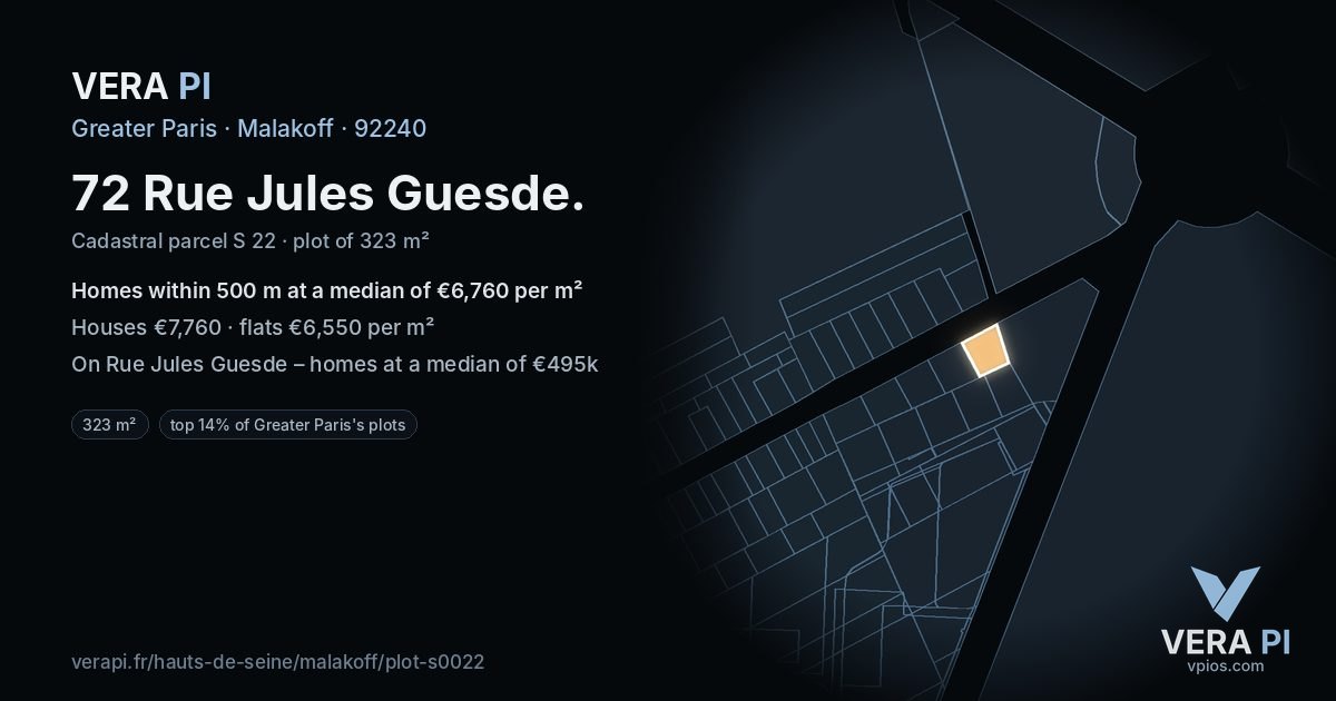 72 Rue Jules Guesde, Malakoff at night – the plot lit, the parcels around coloured by the prices near them
