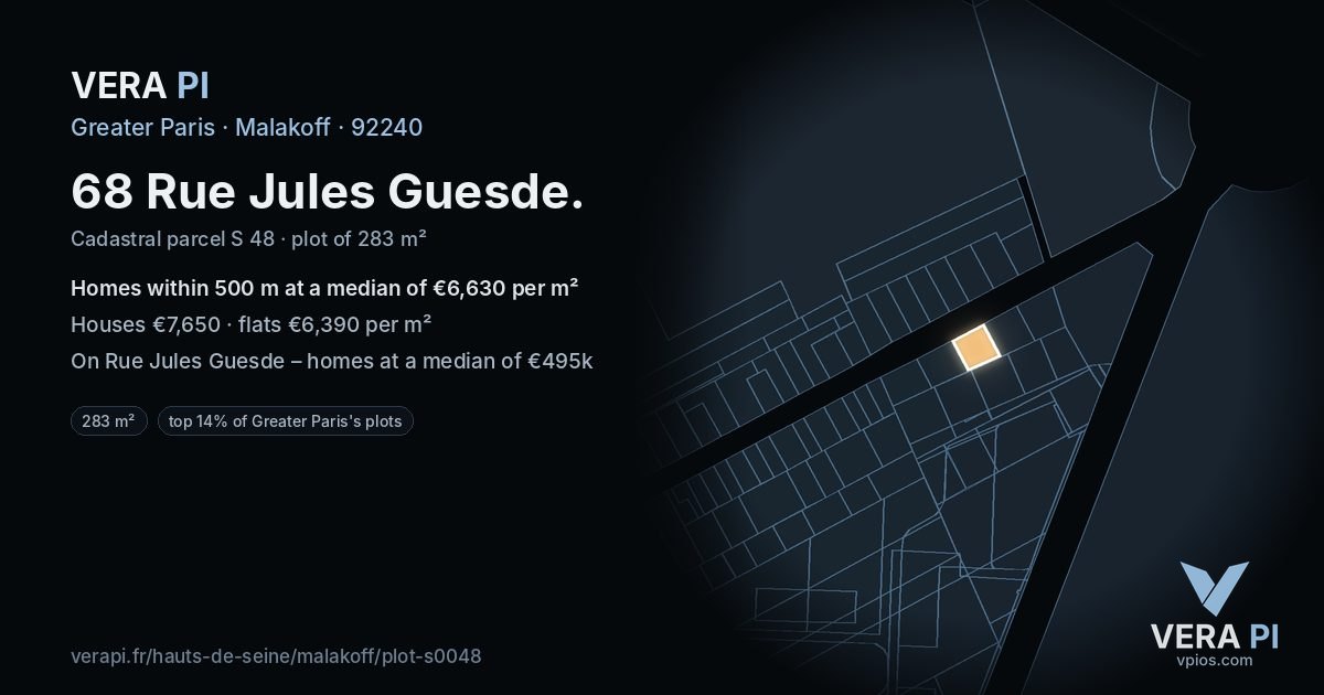 68 Rue Jules Guesde, Malakoff at night – the plot lit, the parcels around coloured by the prices near them