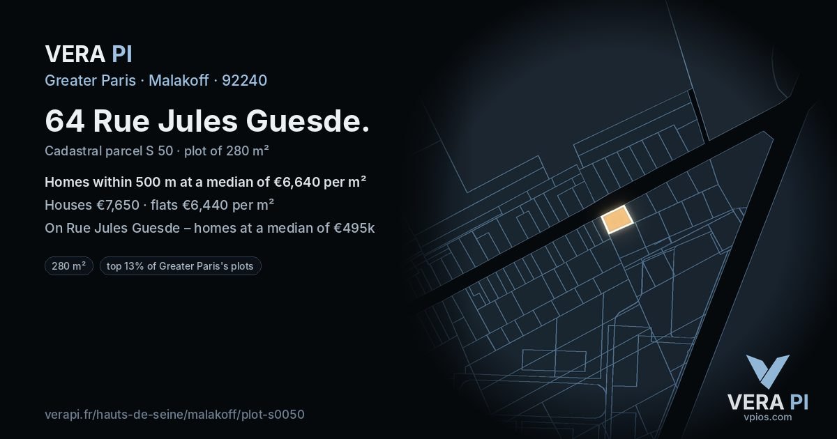 64 Rue Jules Guesde, Malakoff at night – the plot lit, the parcels around coloured by the prices near them