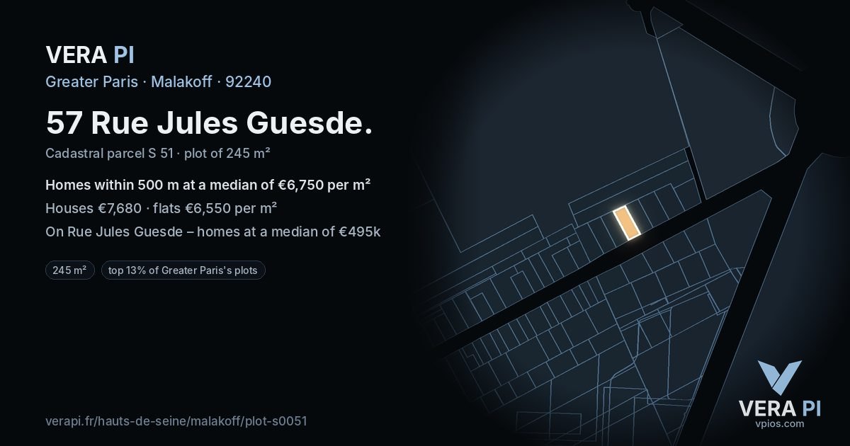 57 Rue Jules Guesde, Malakoff at night – the plot lit, the parcels around coloured by the prices near them