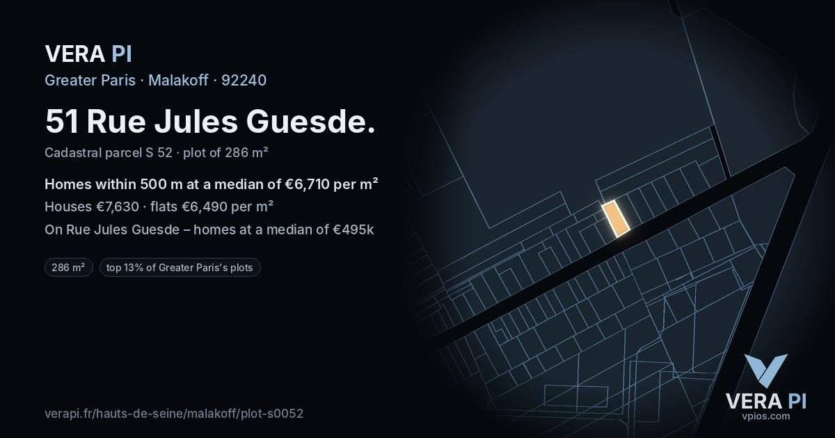 51 Rue Jules Guesde, Malakoff at night – the plot lit, the parcels around coloured by the prices near them