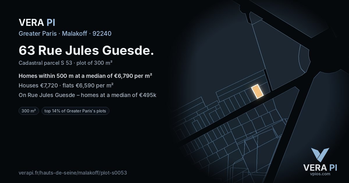 63 Rue Jules Guesde, Malakoff at night – the plot lit, the parcels around coloured by the prices near them