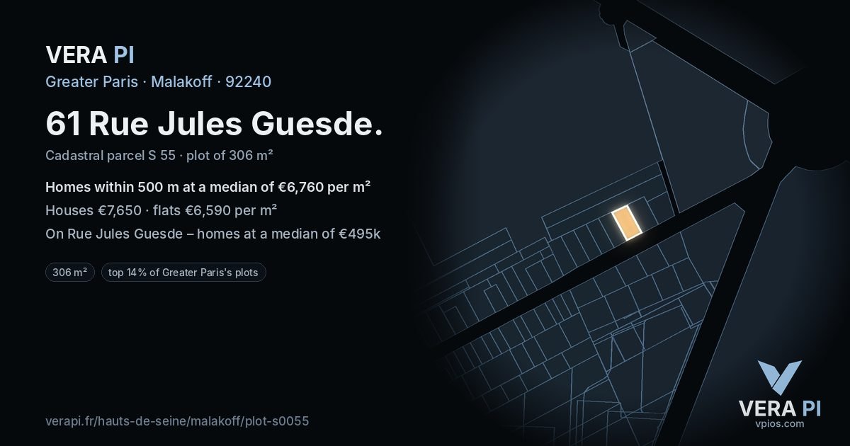 61 Rue Jules Guesde, Malakoff at night – the plot lit, the parcels around coloured by the prices near them