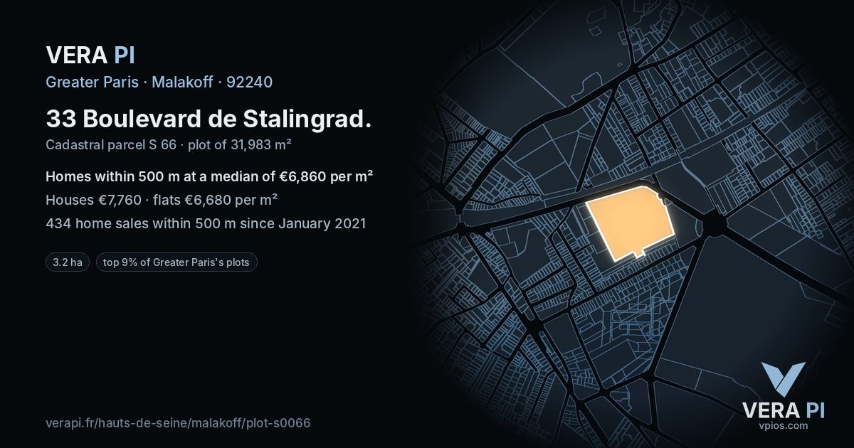 33 Boulevard de Stalingrad, Malakoff at night – the plot lit, the parcels around coloured by the prices near them