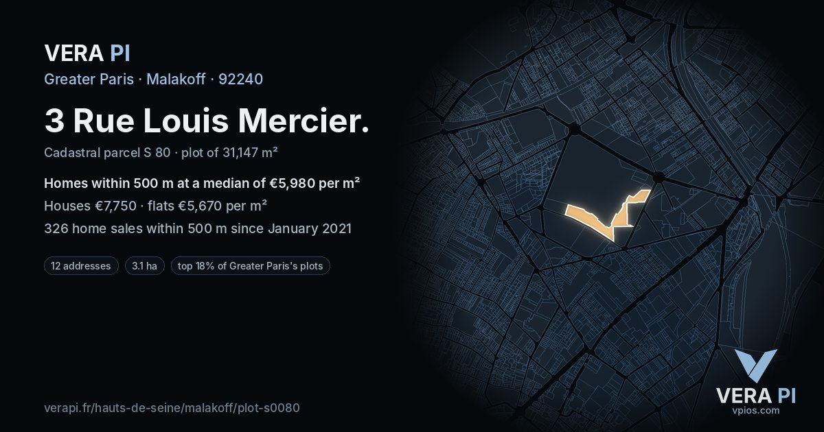 3 Rue Louis Mercier, Malakoff at night – the plot lit, the parcels around coloured by the prices near them