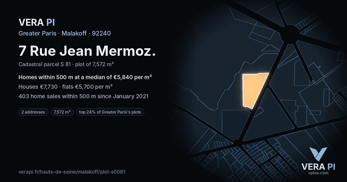7 Rue Jean Mermoz, Malakoff at night – the plot lit, the parcels around coloured by the prices near them