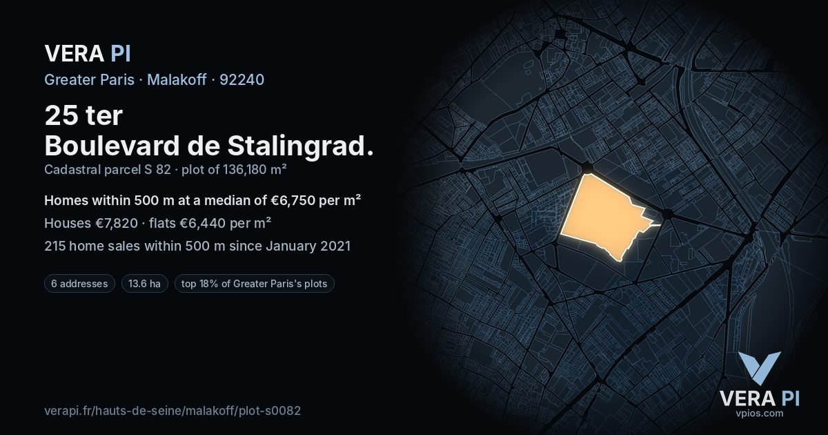 25 ter Boulevard de Stalingrad, Malakoff at night – the plot lit, the parcels around coloured by the prices near them