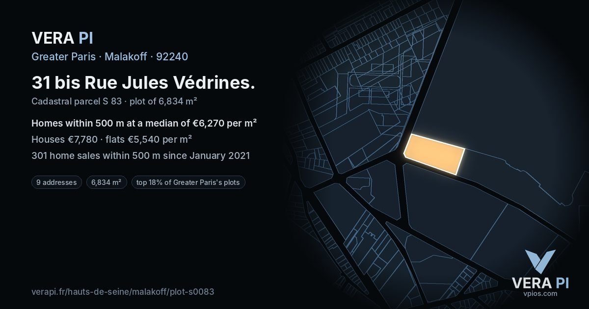 31 bis Rue Jules Védrines, Malakoff at night – the plot lit, the parcels around coloured by the prices near them