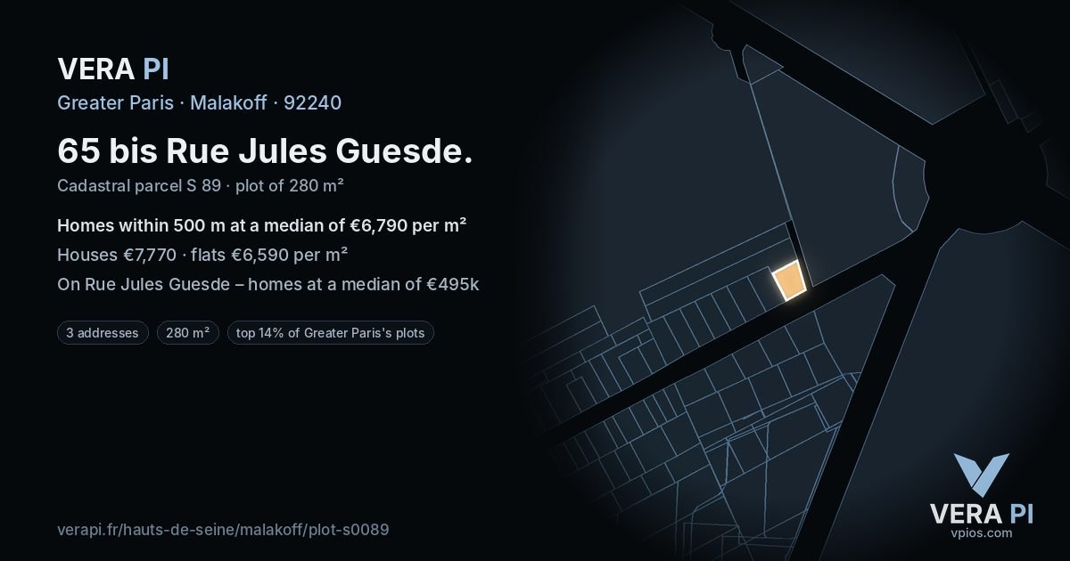 65 bis Rue Jules Guesde, Malakoff at night – the plot lit, the parcels around coloured by the prices near them