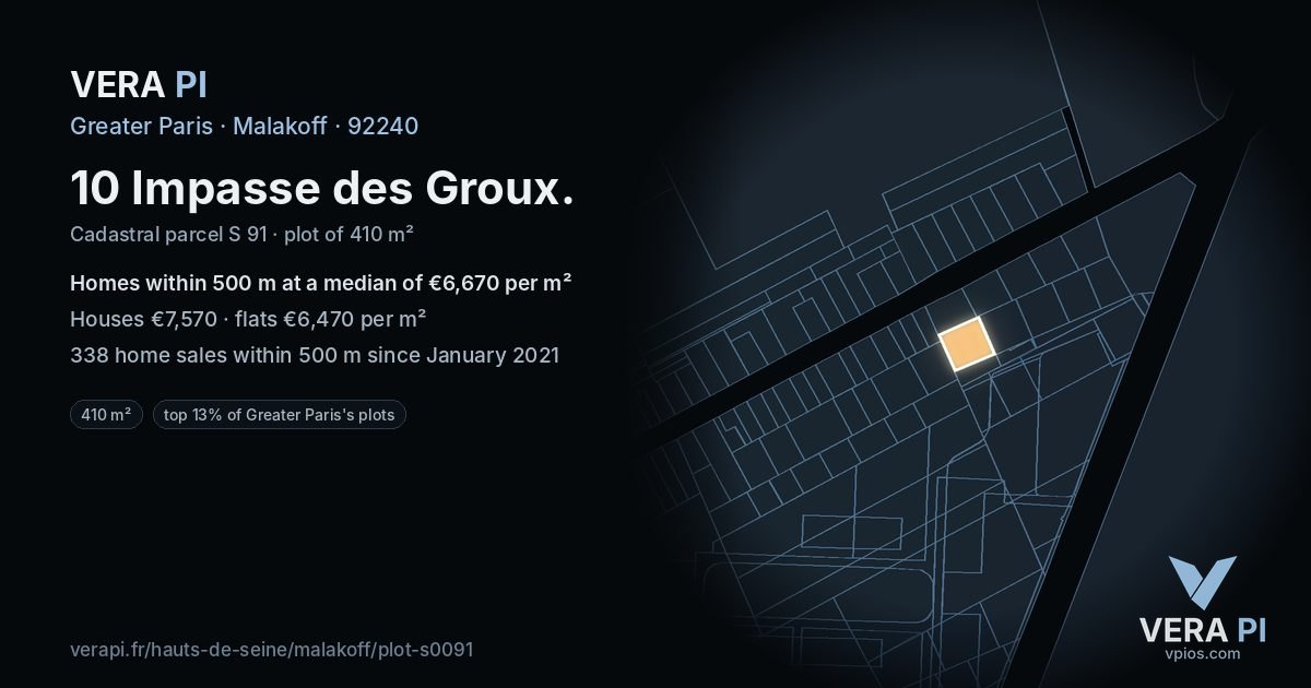 10 Impasse des Groux, Malakoff at night – the plot lit, the parcels around coloured by the prices near them
