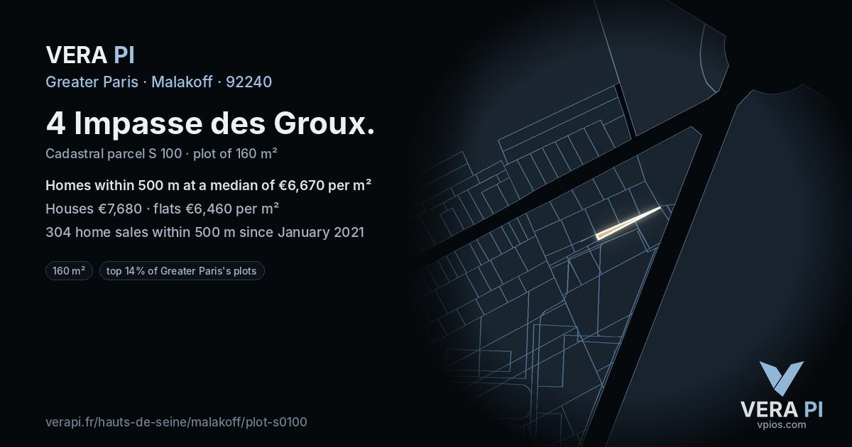 4 Impasse des Groux, Malakoff at night – the plot lit, the parcels around coloured by the prices near them