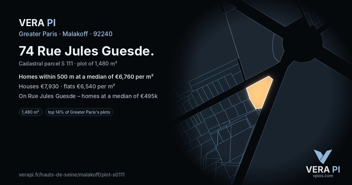 74 Rue Jules Guesde, Malakoff at night – the plot lit, the parcels around coloured by the prices near them