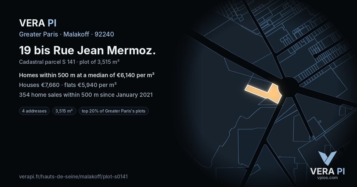 19 bis Rue Jean Mermoz, Malakoff at night – the plot lit, the parcels around coloured by the prices near them