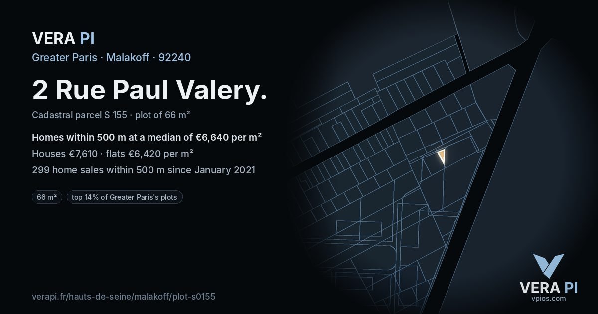 2 Rue Paul Valery, Malakoff at night – the plot lit, the parcels around coloured by the prices near them