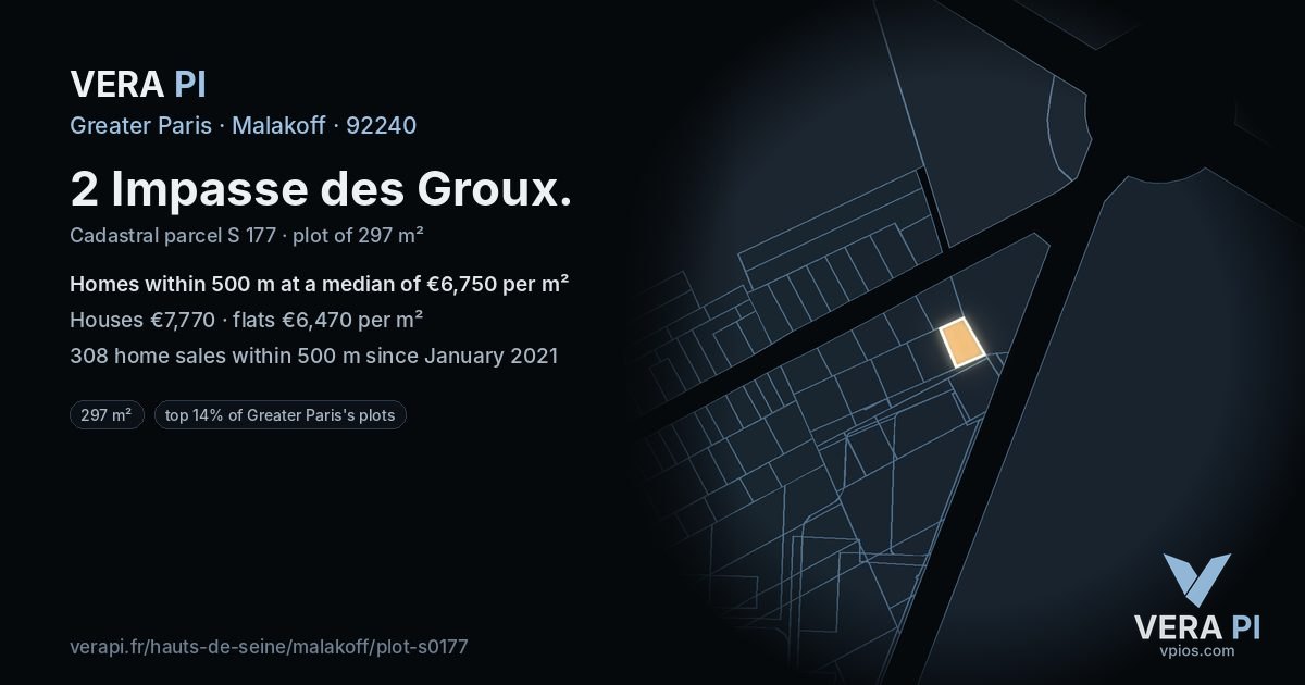 2 Impasse des Groux, Malakoff at night – the plot lit, the parcels around coloured by the prices near them