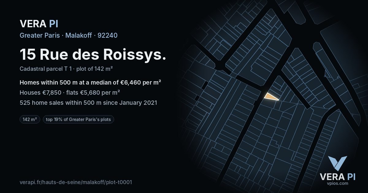 15 Rue des Roissys, Malakoff at night – the plot lit, the parcels around coloured by the prices near them