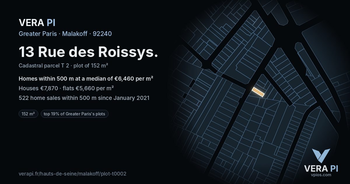 13 Rue des Roissys, Malakoff at night – the plot lit, the parcels around coloured by the prices near them
