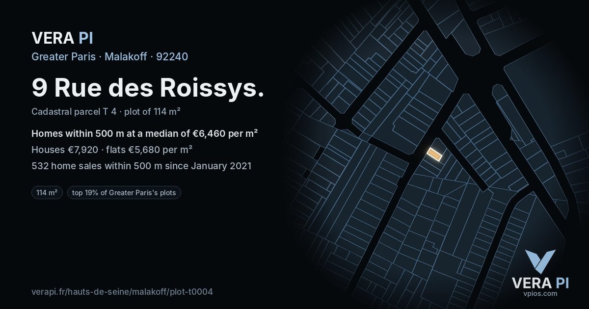 9 Rue des Roissys, Malakoff at night – the plot lit, the parcels around coloured by the prices near them