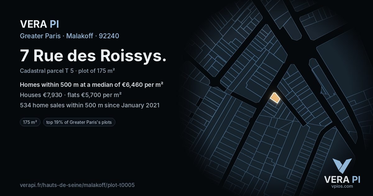 7 Rue des Roissys, Malakoff at night – the plot lit, the parcels around coloured by the prices near them