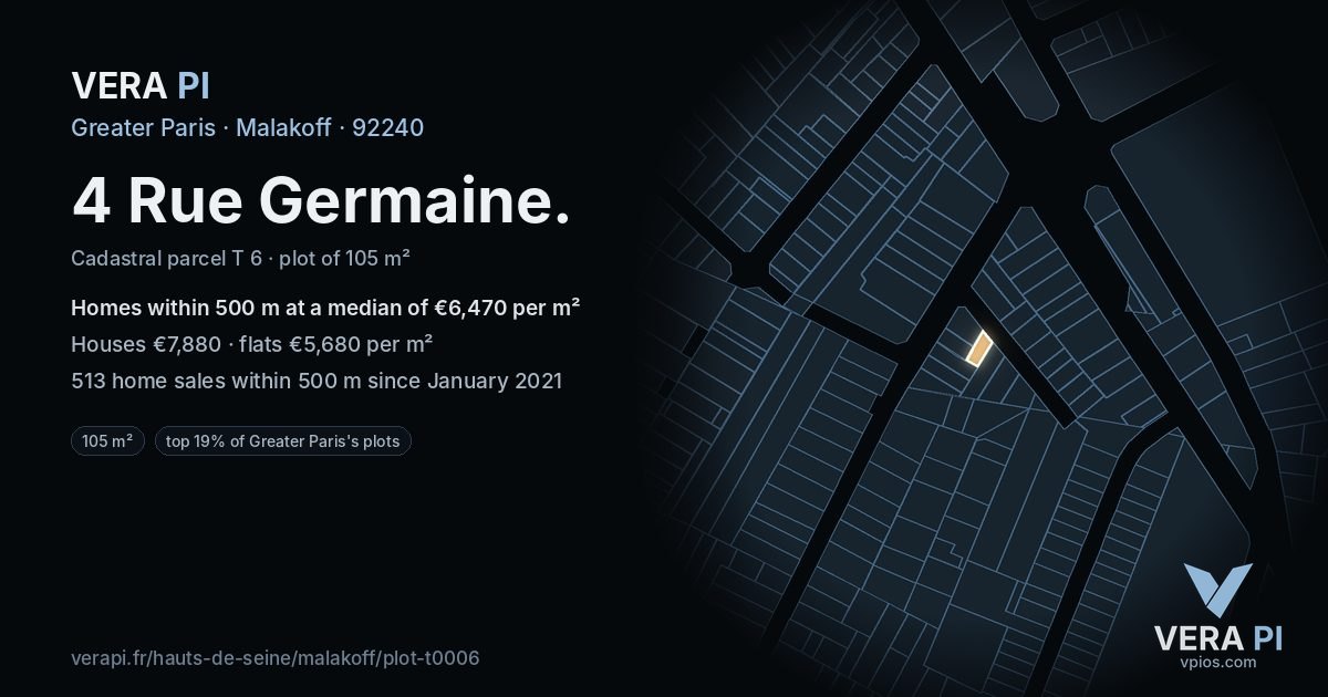 4 Rue Germaine, Malakoff at night – the plot lit, the parcels around coloured by the prices near them