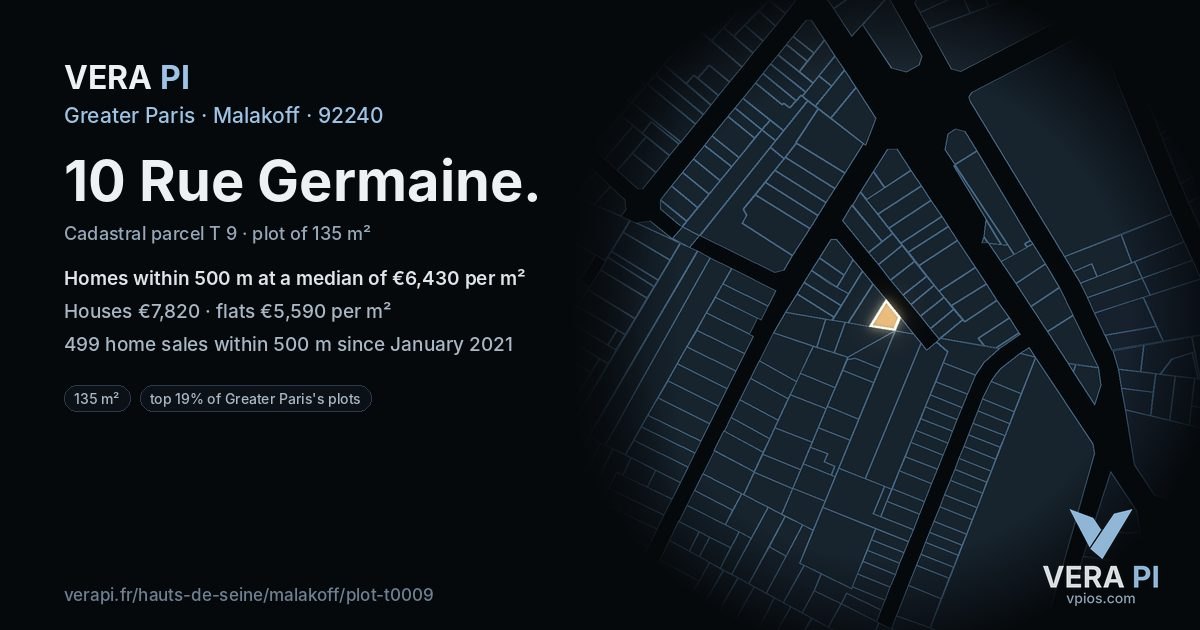 10 Rue Germaine, Malakoff at night – the plot lit, the parcels around coloured by the prices near them