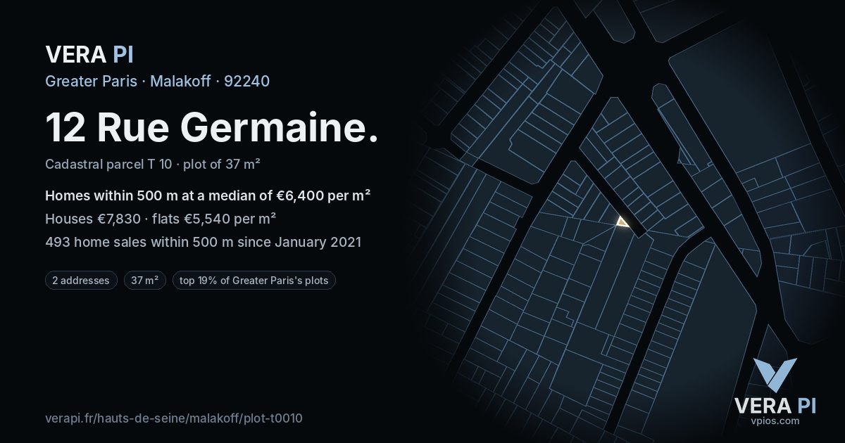 12 Rue Germaine, Malakoff at night – the plot lit, the parcels around coloured by the prices near them