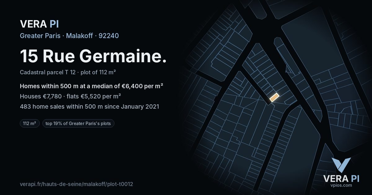15 Rue Germaine, Malakoff at night – the plot lit, the parcels around coloured by the prices near them