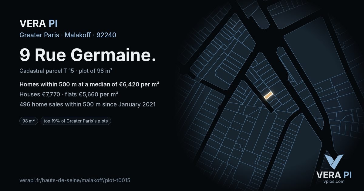 9 Rue Germaine, Malakoff at night – the plot lit, the parcels around coloured by the prices near them
