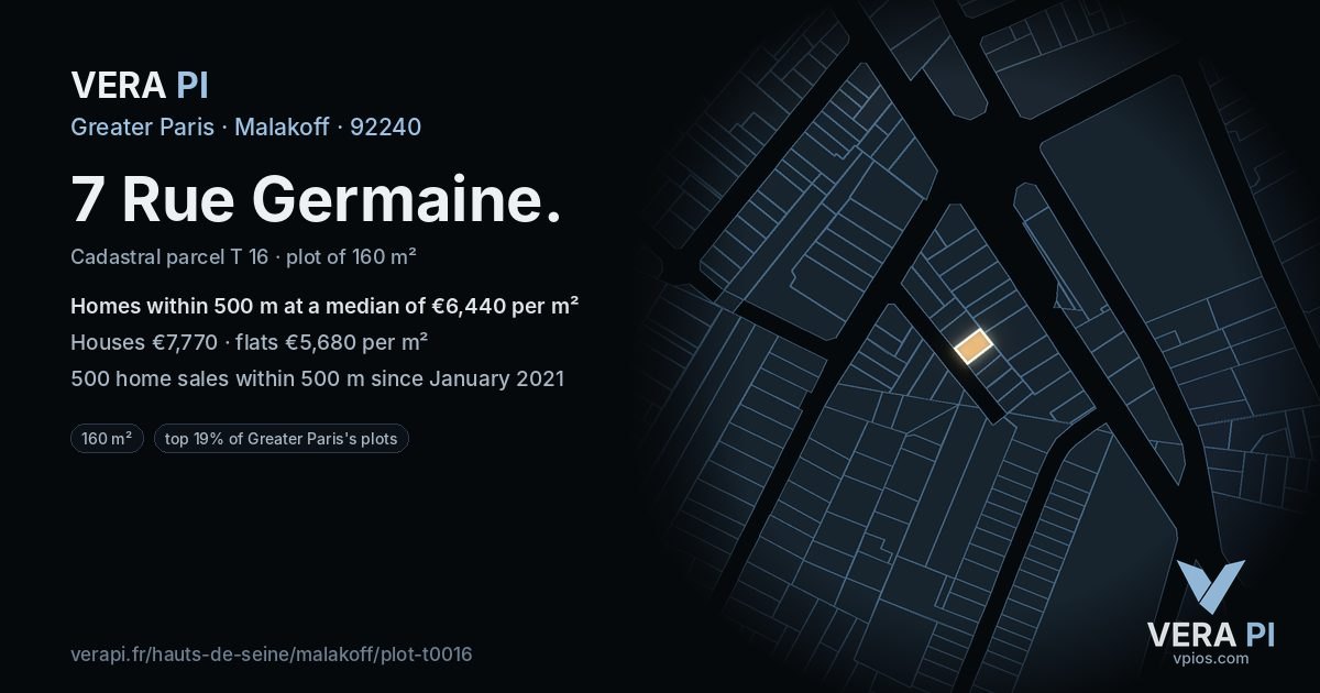 7 Rue Germaine, Malakoff at night – the plot lit, the parcels around coloured by the prices near them