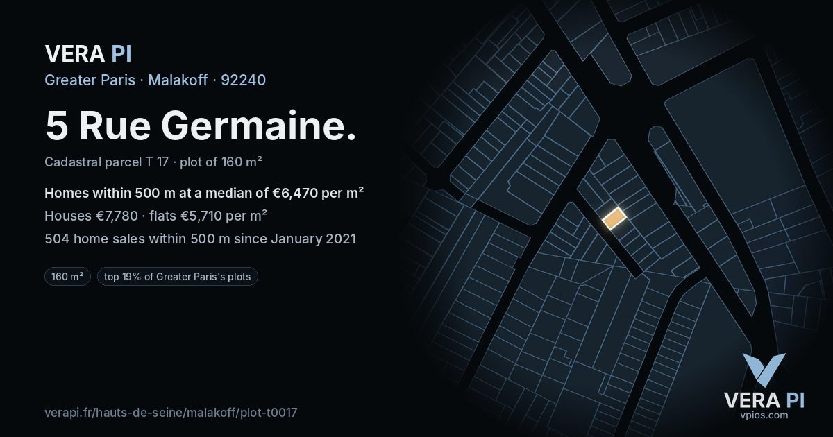 5 Rue Germaine, Malakoff at night – the plot lit, the parcels around coloured by the prices near them