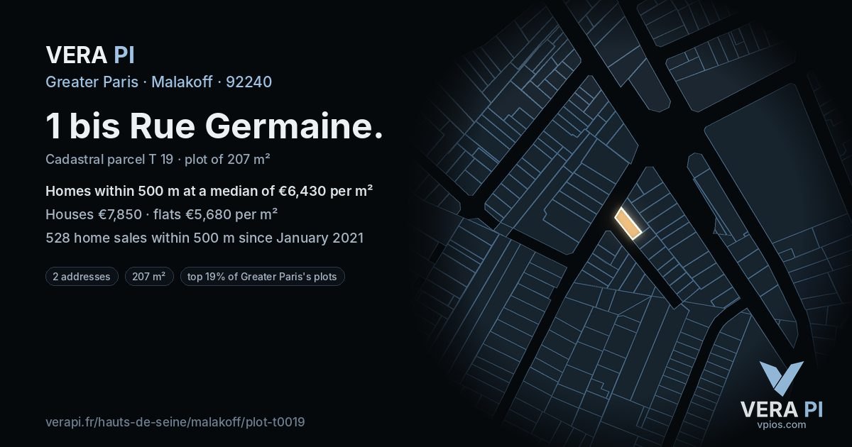 1 bis Rue Germaine, Malakoff at night – the plot lit, the parcels around coloured by the prices near them
