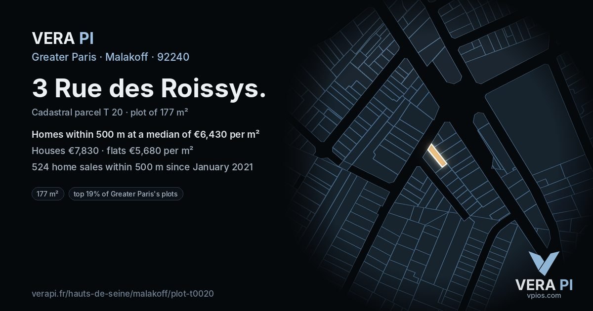 3 Rue des Roissys, Malakoff at night – the plot lit, the parcels around coloured by the prices near them