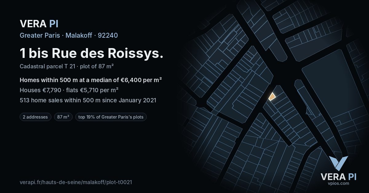 1 bis Rue des Roissys, Malakoff at night – the plot lit, the parcels around coloured by the prices near them