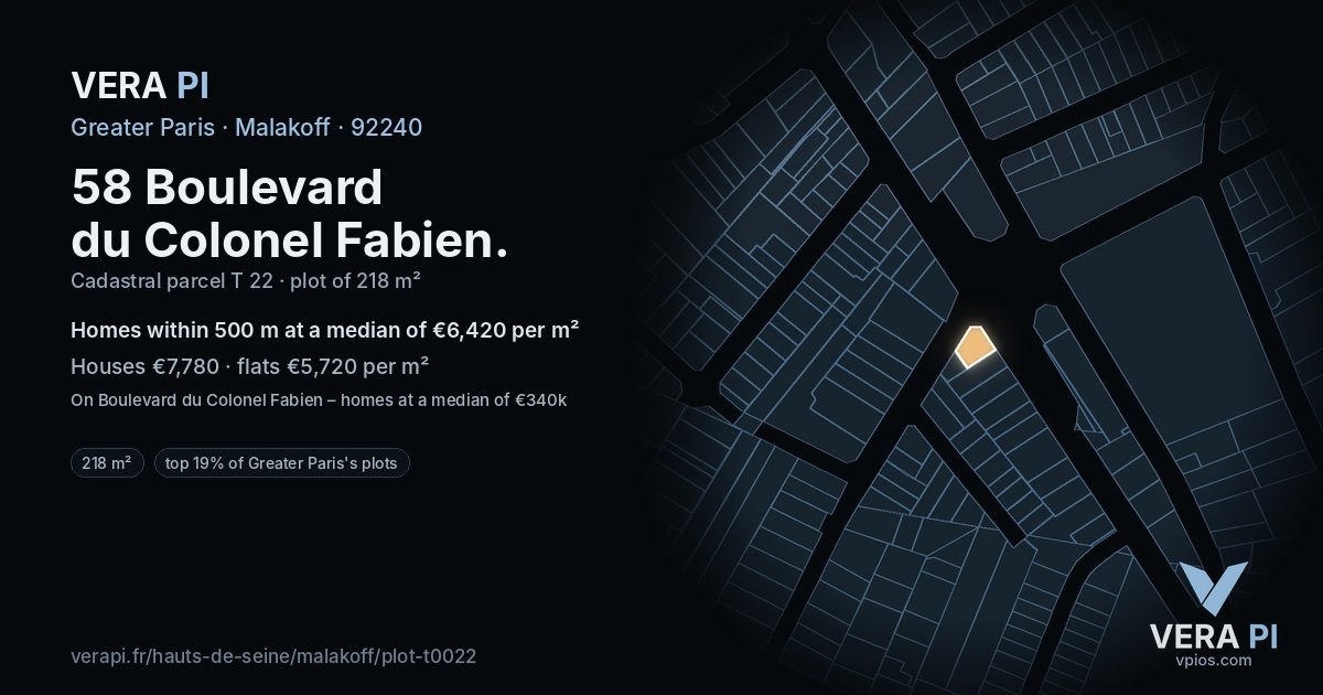 58 Boulevard du Colonel Fabien, Malakoff at night – the plot lit, the parcels around coloured by the prices near them