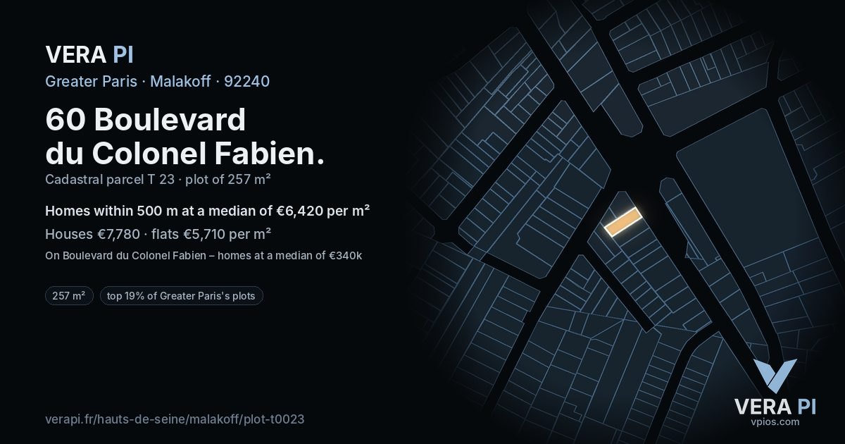 60 Boulevard du Colonel Fabien, Malakoff at night – the plot lit, the parcels around coloured by the prices near them