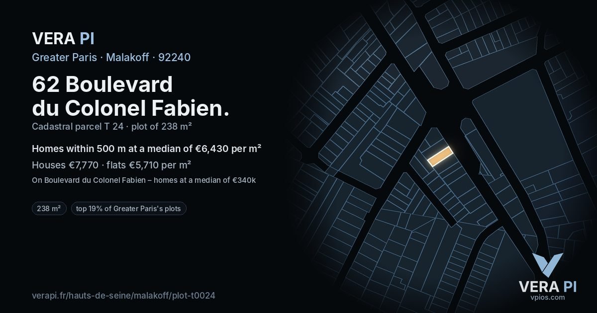 62 Boulevard du Colonel Fabien, Malakoff at night – the plot lit, the parcels around coloured by the prices near them