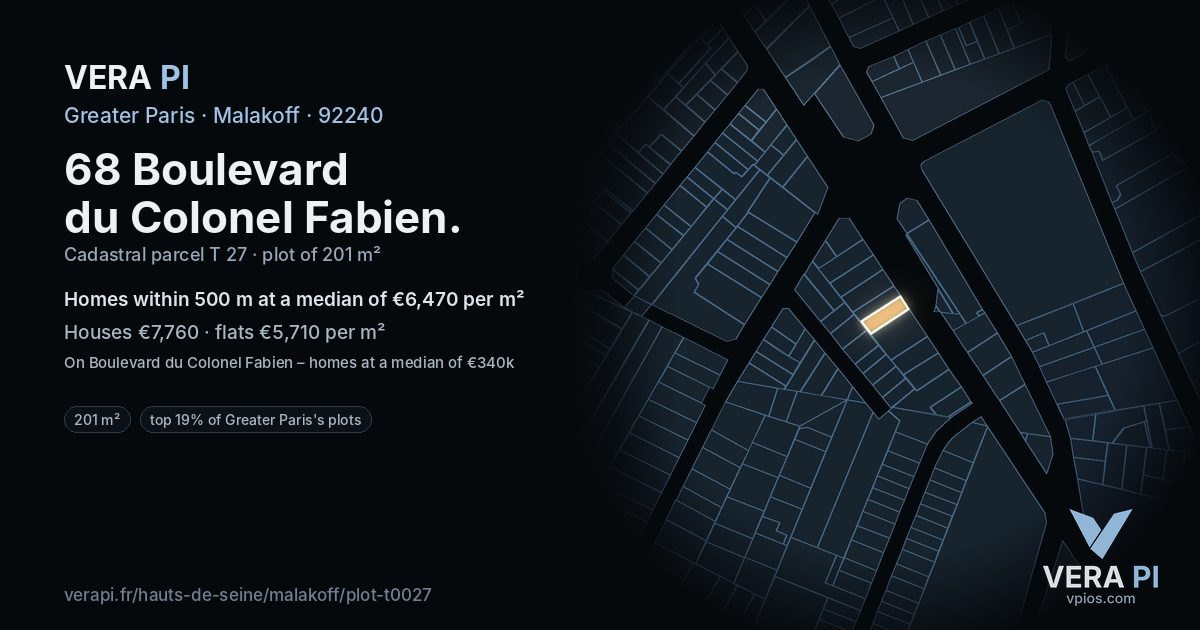 68 Boulevard du Colonel Fabien, Malakoff at night – the plot lit, the parcels around coloured by the prices near them