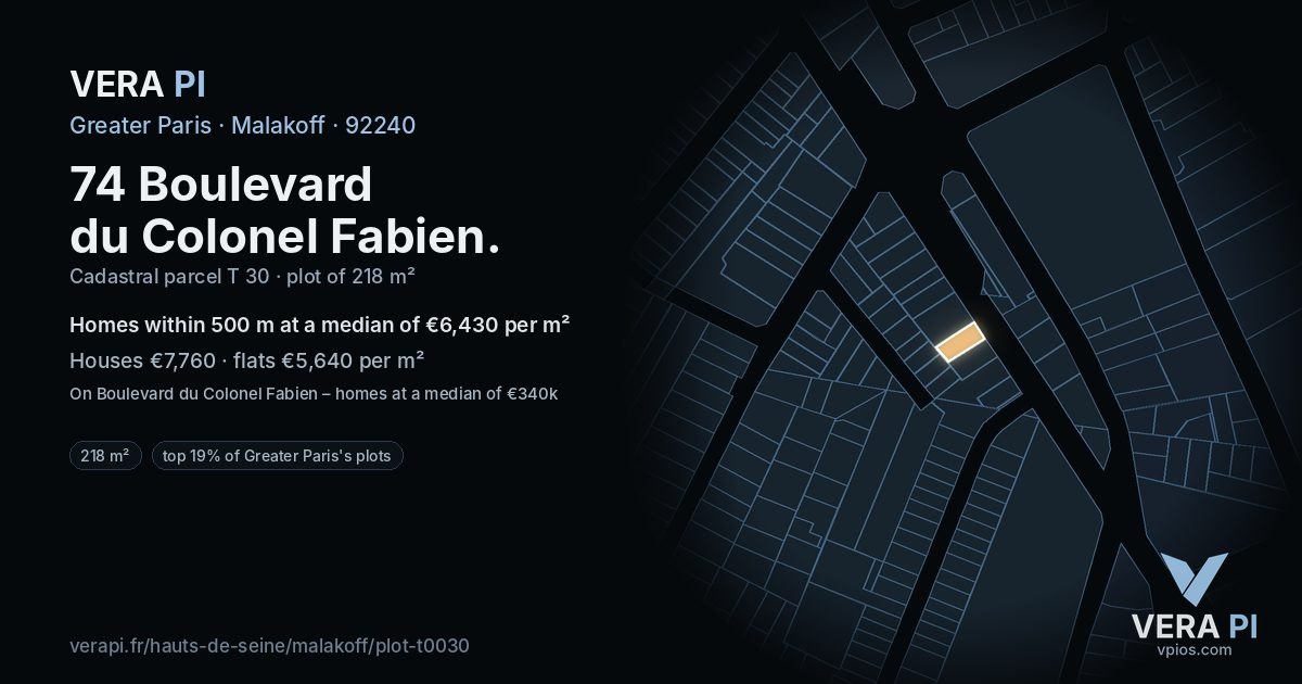 74 Boulevard du Colonel Fabien, Malakoff at night – the plot lit, the parcels around coloured by the prices near them