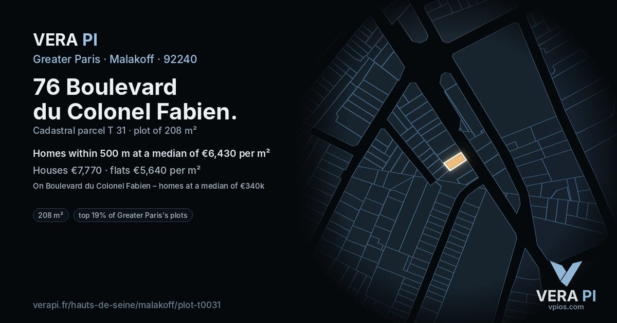 76 Boulevard du Colonel Fabien, Malakoff at night – the plot lit, the parcels around coloured by the prices near them