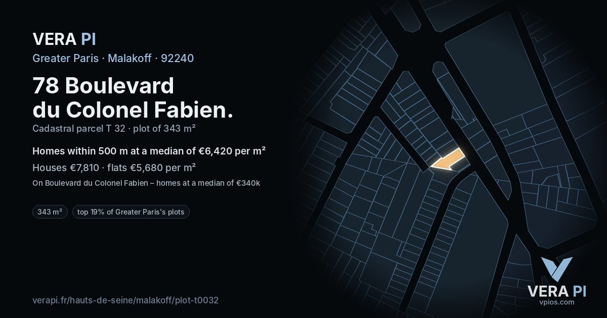 78 Boulevard du Colonel Fabien, Malakoff at night – the plot lit, the parcels around coloured by the prices near them