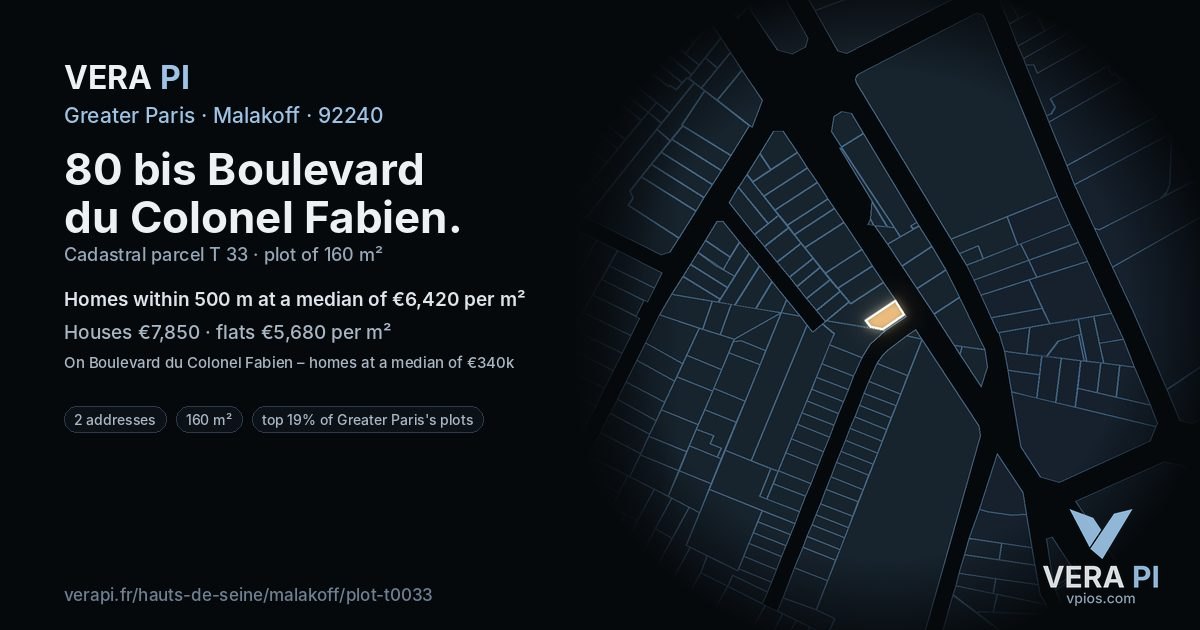 80 bis Boulevard du Colonel Fabien, Malakoff at night – the plot lit, the parcels around coloured by the prices near them