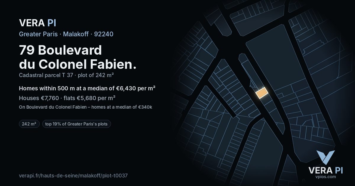 79 Boulevard du Colonel Fabien, Malakoff at night – the plot lit, the parcels around coloured by the prices near them