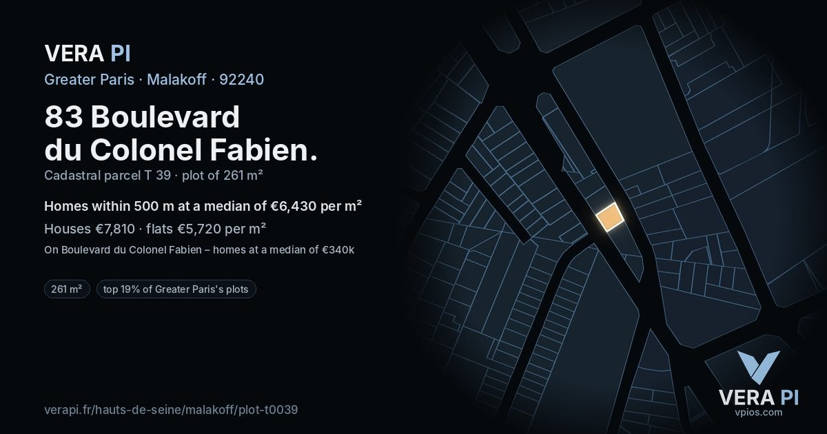 83 Boulevard du Colonel Fabien, Malakoff at night – the plot lit, the parcels around coloured by the prices near them