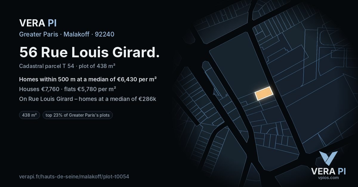 56 Rue Louis Girard, Malakoff at night – the plot lit, the parcels around coloured by the prices near them