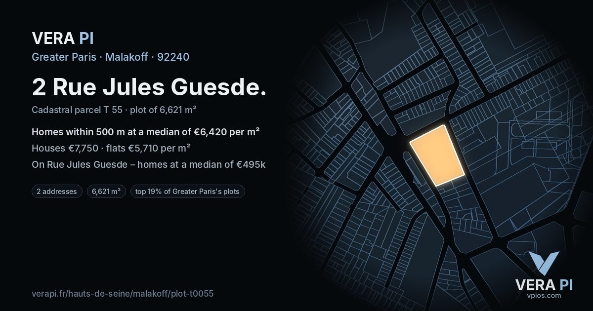 2 Rue Jules Guesde, Malakoff at night – the plot lit, the parcels around coloured by the prices near them
