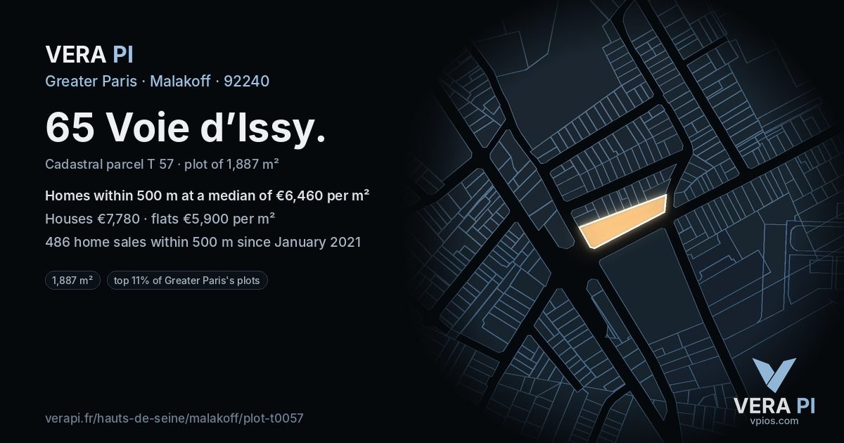 65 Voie d’Issy, Malakoff at night – the plot lit, the parcels around coloured by the prices near them