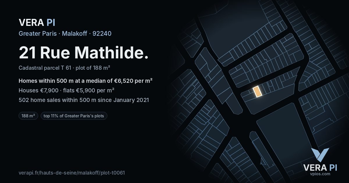 21 Rue Mathilde, Malakoff at night – the plot lit, the parcels around coloured by the prices near them